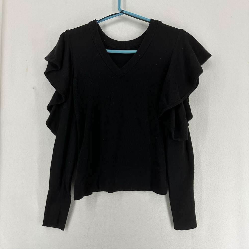 Rachel Roy Ruffle Long‎ Sleeve Pullover Sweater XS Black